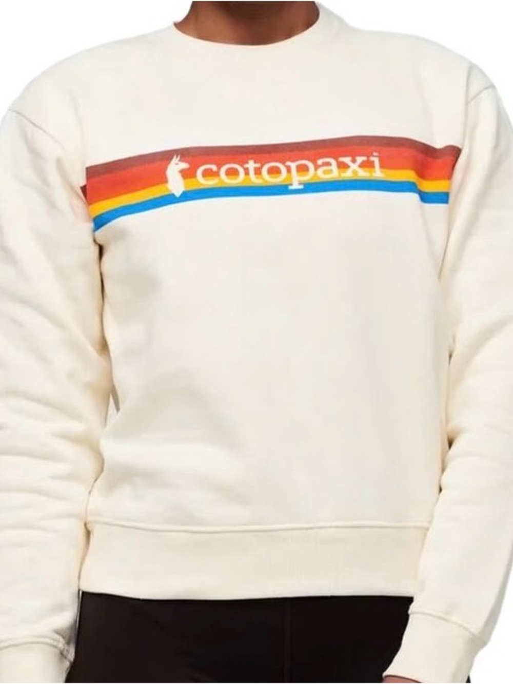 cotopaxi Cream Crewneck Sweatshirt with Red-Orange-Yellow-Blue Stripe